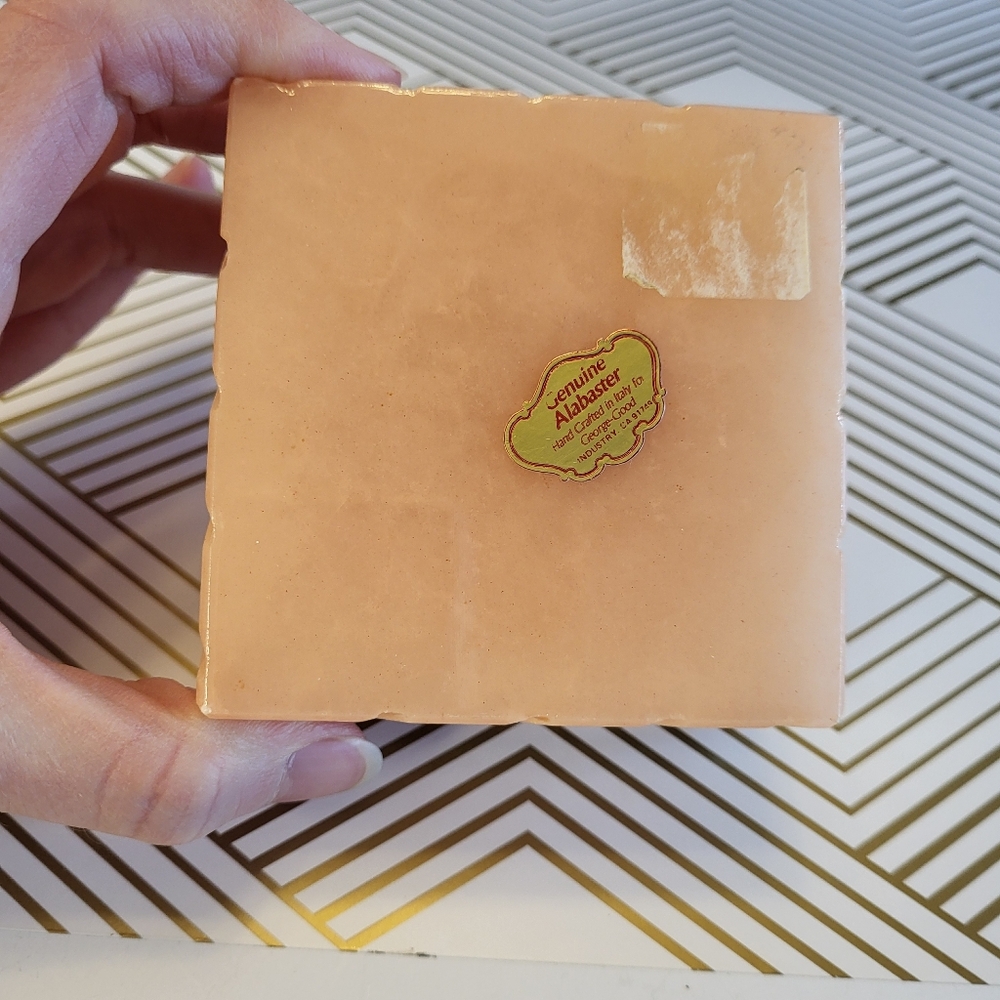 VTG Genuine Alabaster Stone Square Trinket Jewelry Box Hinged Peach Floral Brass - Picture 11 of 15